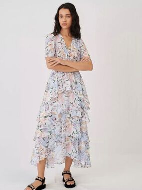 Maje Ruffle Asymmetrical Muslin Maxi Dress in White Jungle Print Size 40 NWT